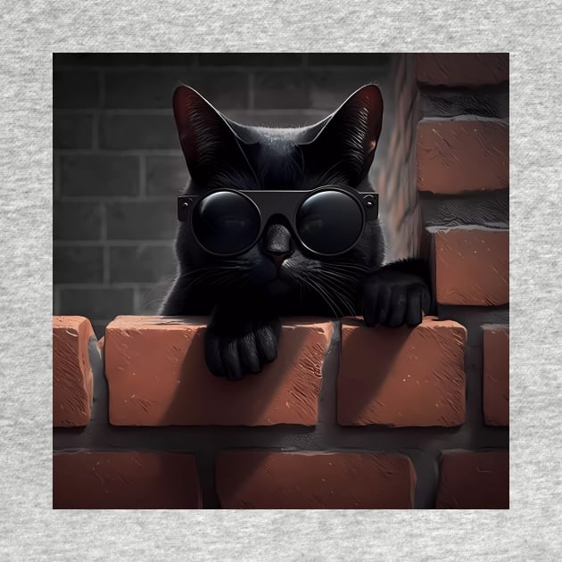 Black Cat with sunglasses sitting on brick wall sticker by MeatLuvers